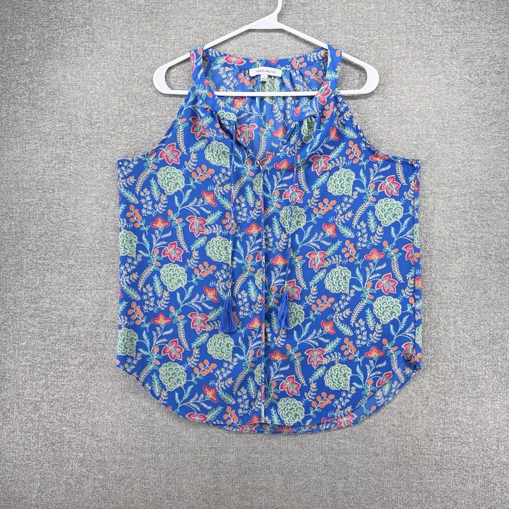 Rose + Olive Sleeveles Top Women Size Large Blue Floral Tassels Casual